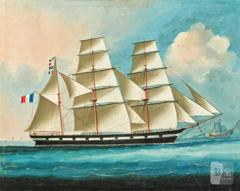 清十九世紀 外銷船畫 布面油畫  French three-masted ship in asian waters